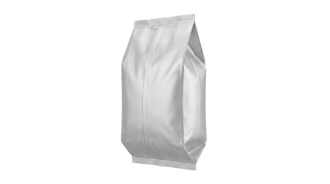 White foil coffee bag mockup, blank matte plastic food pouch on white background, flexible gusseted packaging for tea or snacks