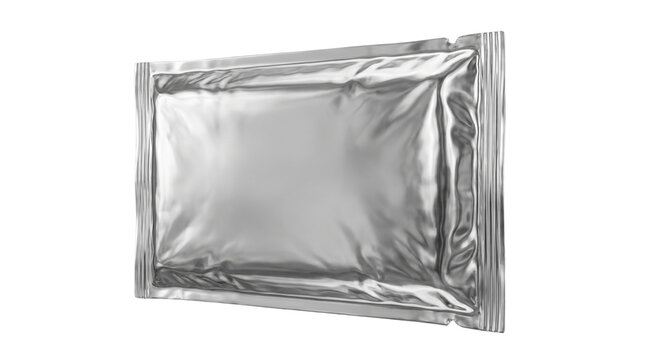 Silver foil sachet mockup on white background, metallic pouch packaging for food or cosmetics, blank aluminum foil bag for product branding