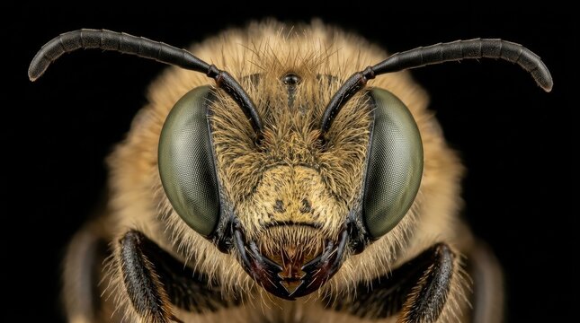 Extreme Macro Portrait of a Bee Face Showing Detailed Compound Eyes and Mandibles on Black Background
