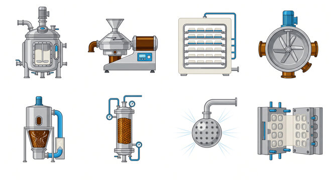 Isolated JPG illustration of an industrial process engineering and fluid dynamics icon pack, featuring granular bed filtration, centrifuges, and mixing tanks.