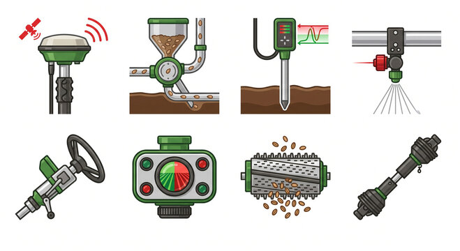 Isolated JPG illustration of a precision agriculture and smart agri-machinery icon pack, featuring RTK GPS antennas, pneumatic seed drills, and PTO shafts.