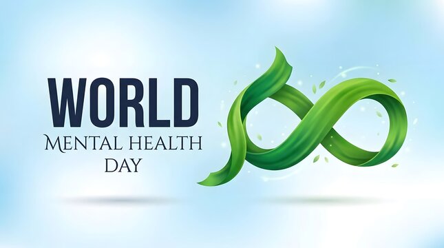 World mental health day concept with a green infinity symbol and text on a light blue background
