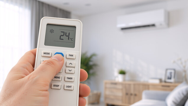 Hand holding remote control to adjust air conditioner temperature. Close up of AC remote displaying 24 degrees Celsius in modern living room