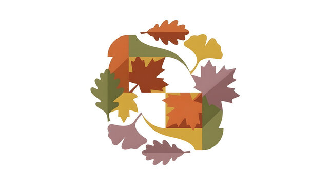 Abstract autumn leaves circular composition vector illustration, geometric fall foliage logo design with maple, oak, and ginkgo leaf isolated on white background
