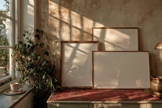 Blank picture frames propped on a desk with a trailing plant and window light, a clean mockup template with copy space for interior design