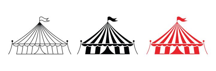Circus tent icon featuring classic carnival big top with striped patterns, decorative flag, and flat black design © Ashraful 01