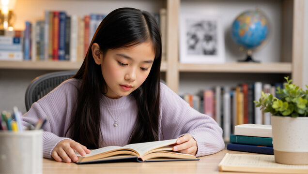 Young Asian girl reading a book at a wooden desk. Focused school student studying in a library or home study room. Education and learning concept