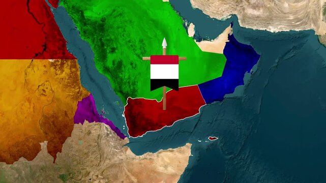 Yemen flag animation on map showing geopolitical motion video clip