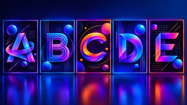 Set of five rectangular panels featuring glowing neon typography from a to e in colors