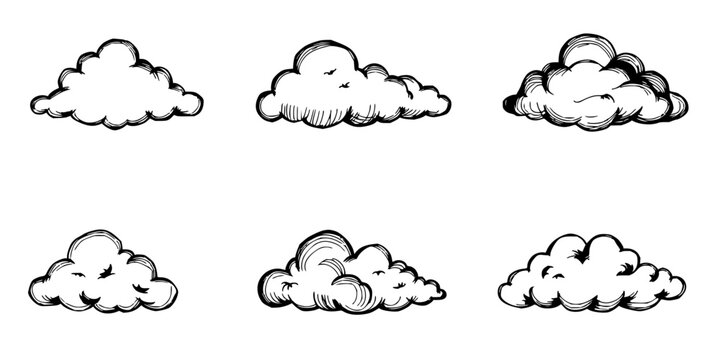 Clouds set with six unique sketchy hand‑drawn illustrations arranged in a 2x3 grid featuring black and white, light and airy, organic, wispy forms with shading and texture