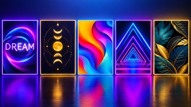 Set of five abstract neon glowing panels with cosmic moon phases and geometric light patterns