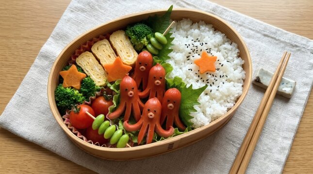 Japanese Bento Box Lunch with Octopus Sausages, Tamagoyaki, Rice, and Colorful Vegetables on a Wooden Table