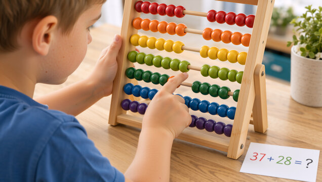 Young boy using colorful wooden abacus to solve math problem. Child counting beads on counting frame at desk. Early childhood education concept
