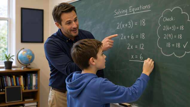 Male teacher helping a young student solve a math equation on a chalkboard. Education and learning concept in a classroom setting