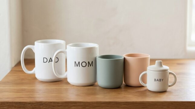 Collection of family mugs: 'DAD', 'MOM', and 'BABY' sippy cup with plain children's cups, symbolizing a growing family on a natural wooden surface.