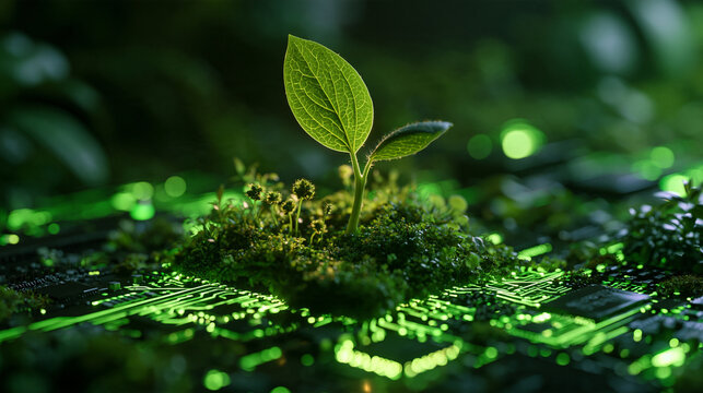 Green seedling on a glowing futuristic printed circuit board, concept of smart agriculture and green technology
