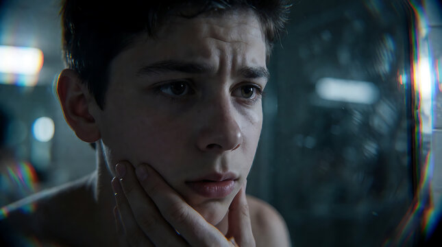Teenage boy staring at face in mirror with anxious expression, body image concept