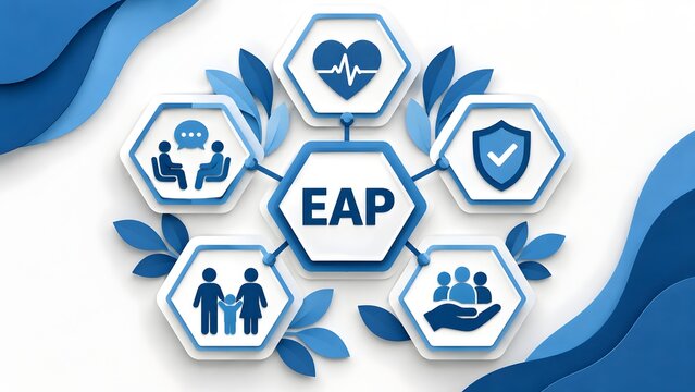 Paper cut style EAP employee assistance program concept with hexagonal nodes and blue leaves for corporate wellness