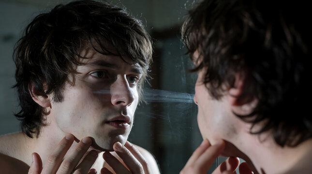 Teenage boy staring at face in mirror with anxious expression, body image concept