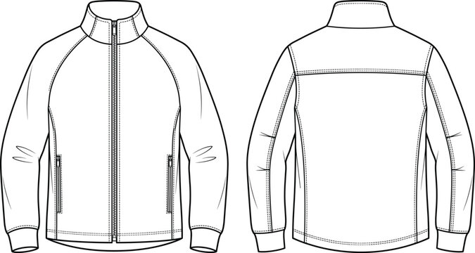 Men Full Zip Jacket Technical Fashion Flat Sketch Set with Front and Back Views for Apparel Design Mockup and Clothing Manufacturing Template