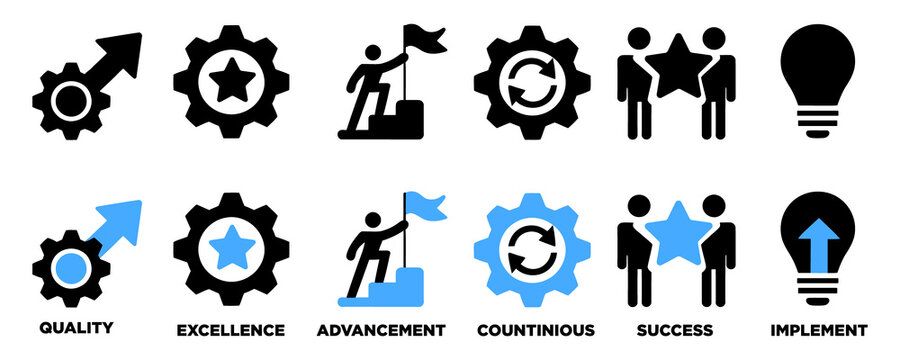 Business concept with text labels for advancement success and implementation