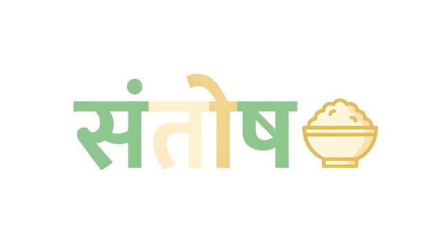 Hindi word santosh in green and cream colors, symbolizing contentment with a bowl of rice.