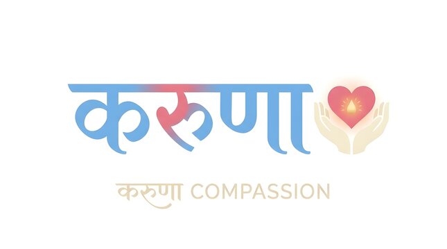 Hindi word karuna meaning compassion with hands holding a glowing heart illustration.