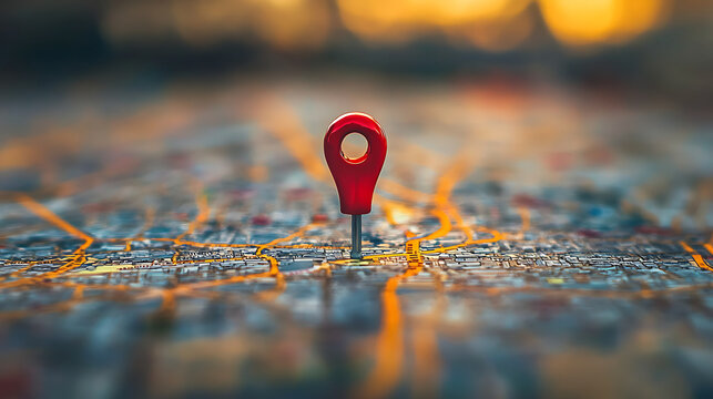 red location pin marker standing on water surface with city lights reflection