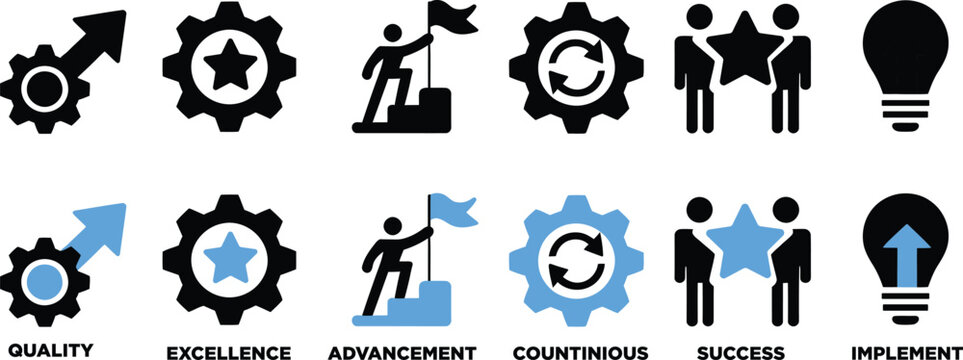 Business concept with text labels for advancement success and implementation