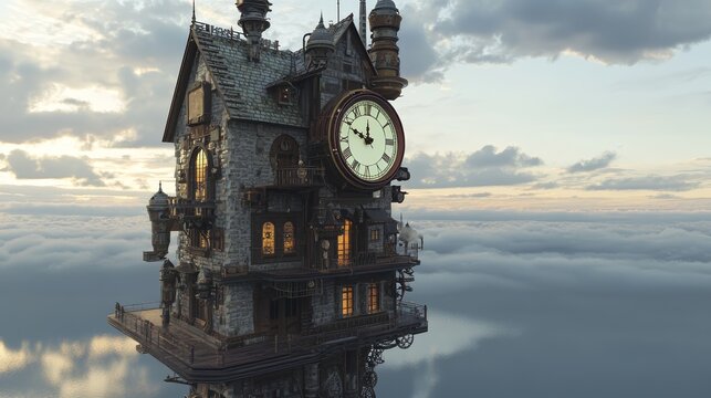 A steampunk inspired clock tower rises above the clouds, showcasing intricate architectural details and vintage charm
