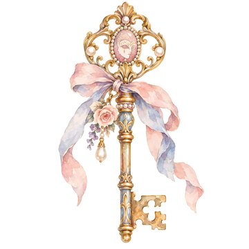 A vintage decorative key is shown with an ornate design. The key has a rose accent and colorful ribbons hanging from it. This key stands out for its intricate details