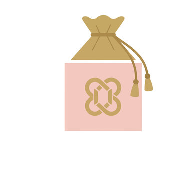 Pink pouch with gold drawstring and emblem