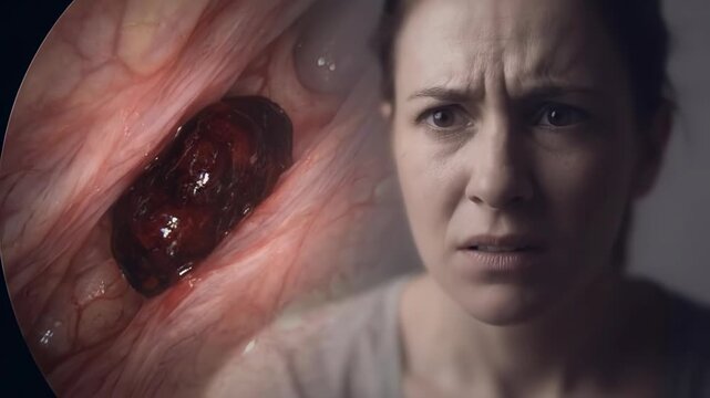 Blood clot progression: thrombosis development, internal vessel, female person, patient distress, human suffering, health jeopardy, urgent medical, critical condition.