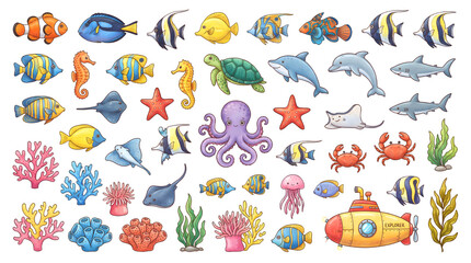 Obraz premium Colorful underwater ocean scene featuring diverse marine life and sea creatures in vibrant cartoon style