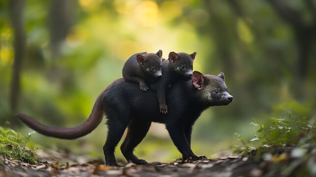 A fossa carries its young through a dense forest, showcasing nurturing behavior in the wild
