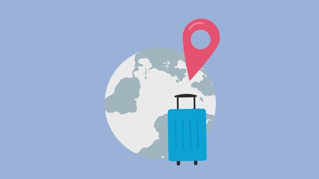 2d animation globe travel with suitcase and pointer map, with background