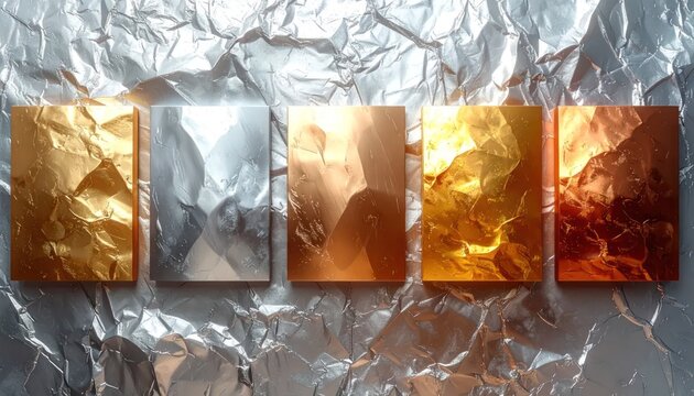 Abstract metallic gold and silver textured foil panels.