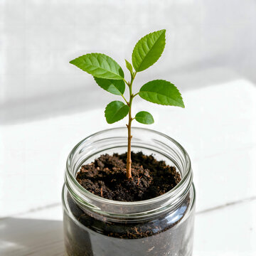 Small green seedling growing in a glass jar filled with soil on a white wooden surface
