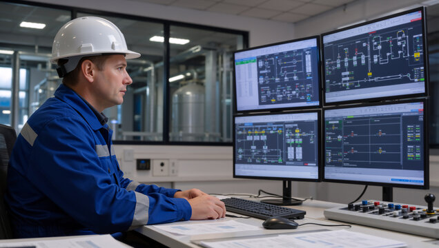 Industrial operator in hard hat working in control room. Engineer monitoring process flow diagrams on multiple screens. Factory automation and safety concept