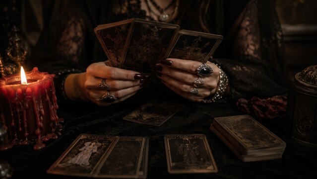 Mystical Tarot Reader Holding Cards Beside Burning Red Candle