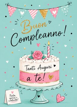 Italian Birthday Cake Greeting Card With Colorful Festive Party Decorations
