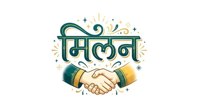Hindi word milan written in decorative green font with illustration of shaking human hands.