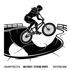 Fototapeta premium BMX Rider Performing Trick in Skatepark Bowl, Extreme Sports Silhouette