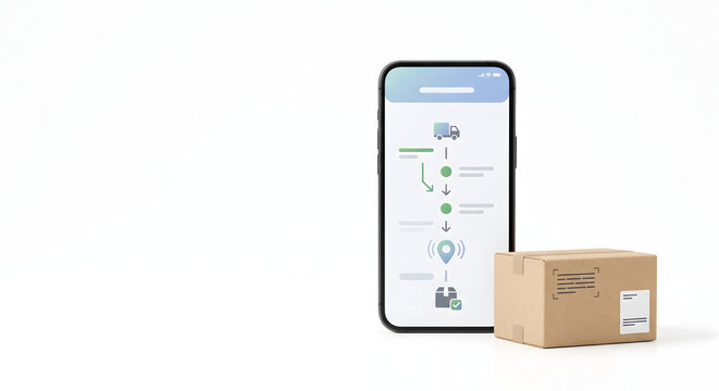 Order tracking delivery app interface on smartphone with cardboard parcel box isolated on white