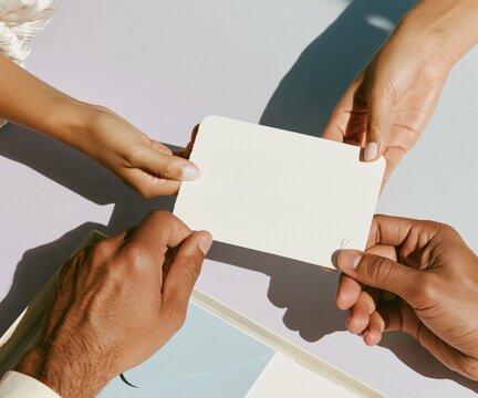 Blank card with deckled edges passed between two people over a lavender background, featuring fine paper tooth for mockup and stationery layouts