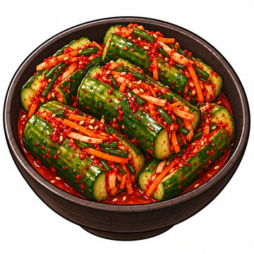 Oi Sobagi Illustration: Traditional Korean Cucumber Kimchi, Spicy Gochugaru Seasoning, Garlic, Chives, and Fresh Fermented Vegetable Details