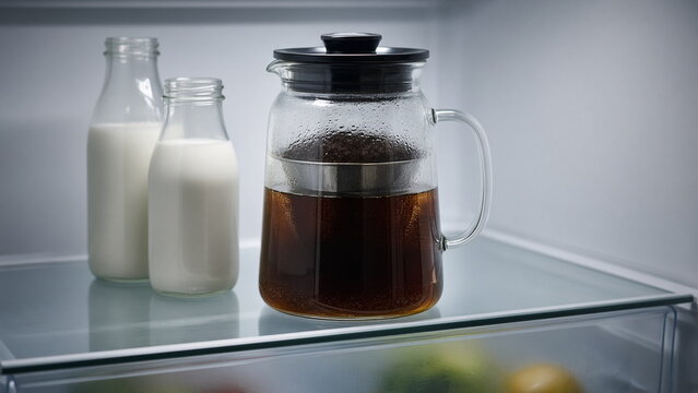 Cold brew coffee pitcher on refrigerator shelf