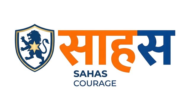 Sahas hindi lettering wordmark design with lion shield and english translation.