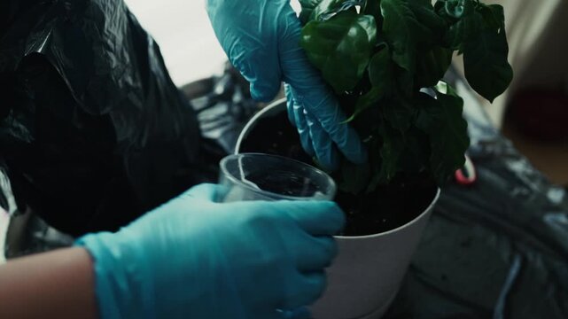 Watering Repotted Coffee Tree in Pot