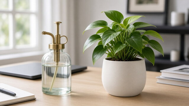 Glass plant mister bottle beside desk houseplant